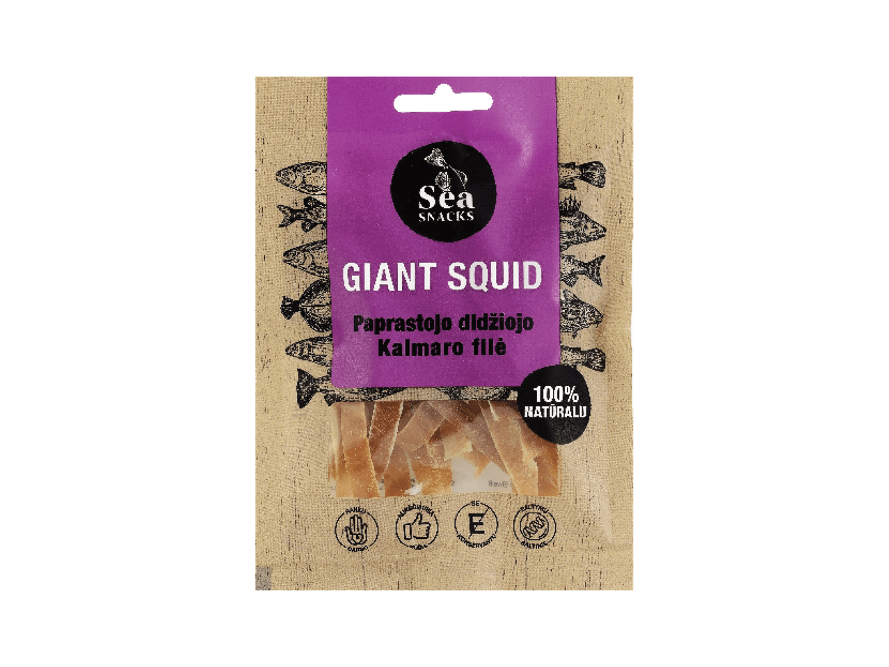 „Sea Snacks“ džiovintų kalmarų filė pakuotė su užrašu „Giant Squid“ ir „100% natūralu“.