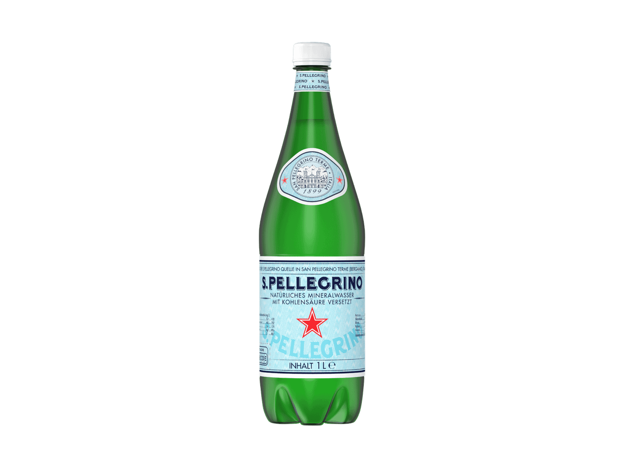 S.Pellegrino Mineralwasserflasche mit Kohlensäure, 1 Liter.