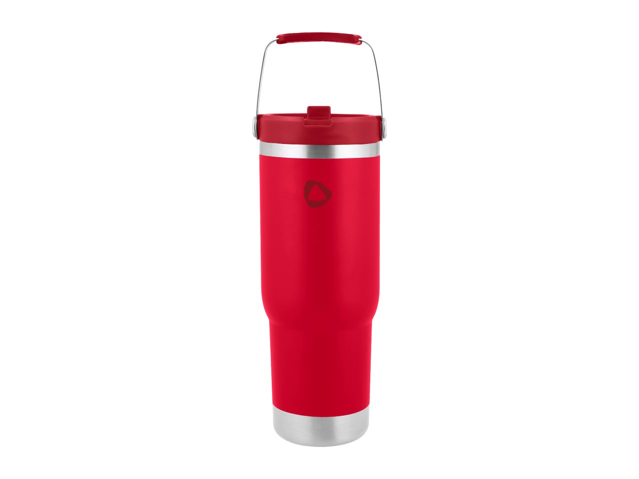 Red insulated tumbler with a handle and a silver base on a white background.