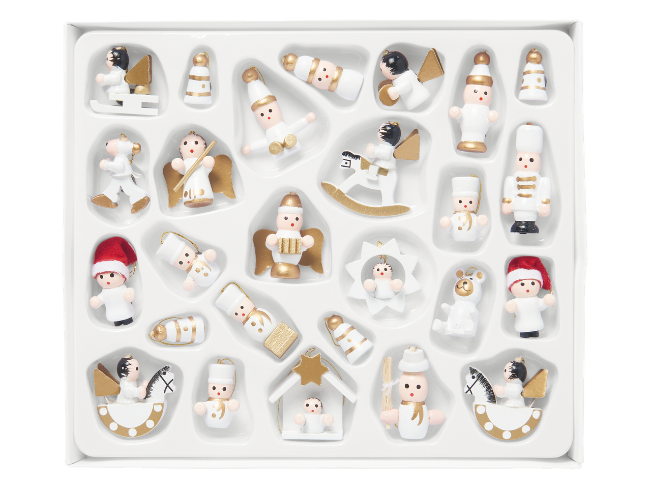 Livarno Home 20 baltų ir auksinių medinių kalėdinių papuošalų rinkinys, įskaitant angelus, kareivėlius ir gyvūnus.