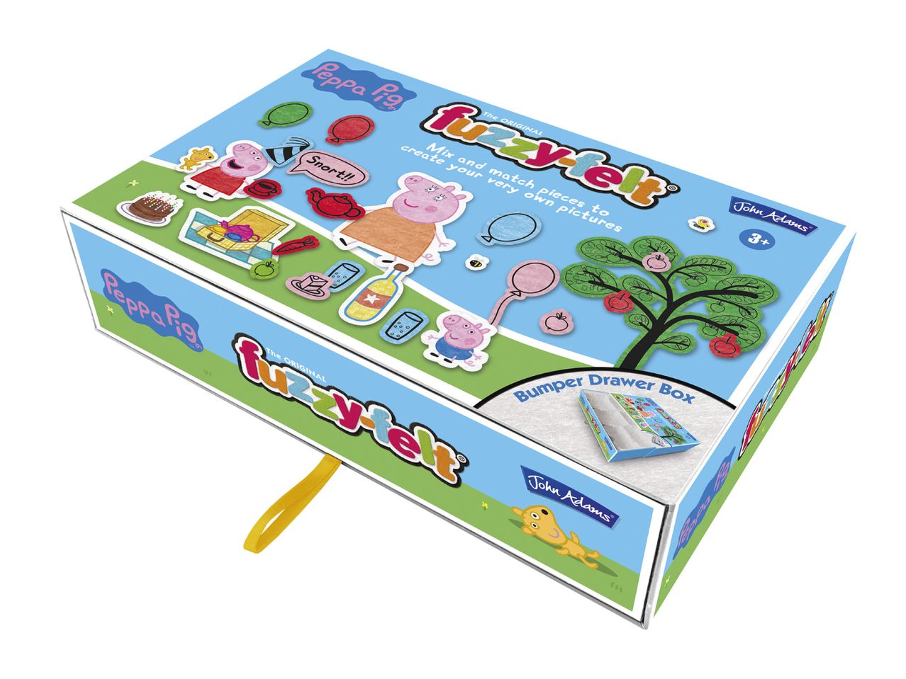 Peppa Pig Fuzzy-Felt craft kit with various felt pieces and a drawer box.