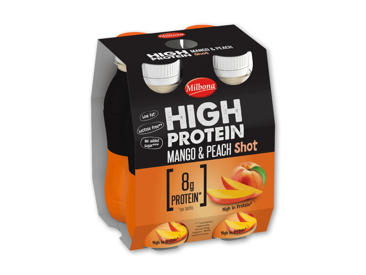 Firepakning med proteinshots med mango- og ferskensmag, 8g protein per flaske.