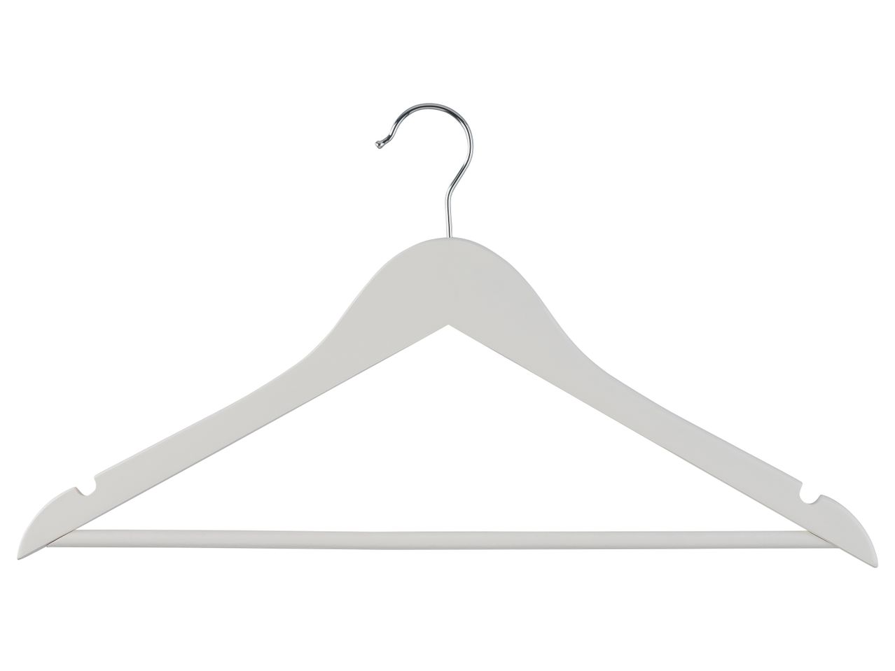 A white wooden clothes hanger with a silver hook.