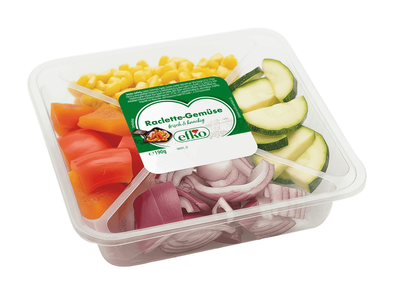 Raclette-Gemüse von efko mit Mais, Paprika, Zucchini und Zwiebeln in einer transparenten Verpackung.