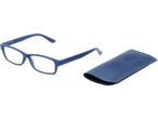 Blue reading glasses with a matching soft case