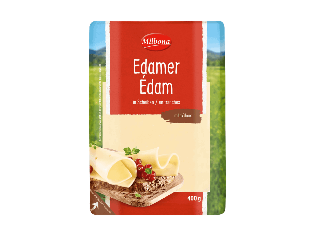 Verpackung von Edamer Käse in Scheiben, mild, 400 g, mit Serviervorschlag.
