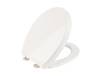 White toilet seat with lid partially open, showcasing its clean design and metal hinges.