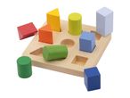 Wooden shape sorter with colorful geometric blocks including cylinders, triangles, and cubes.