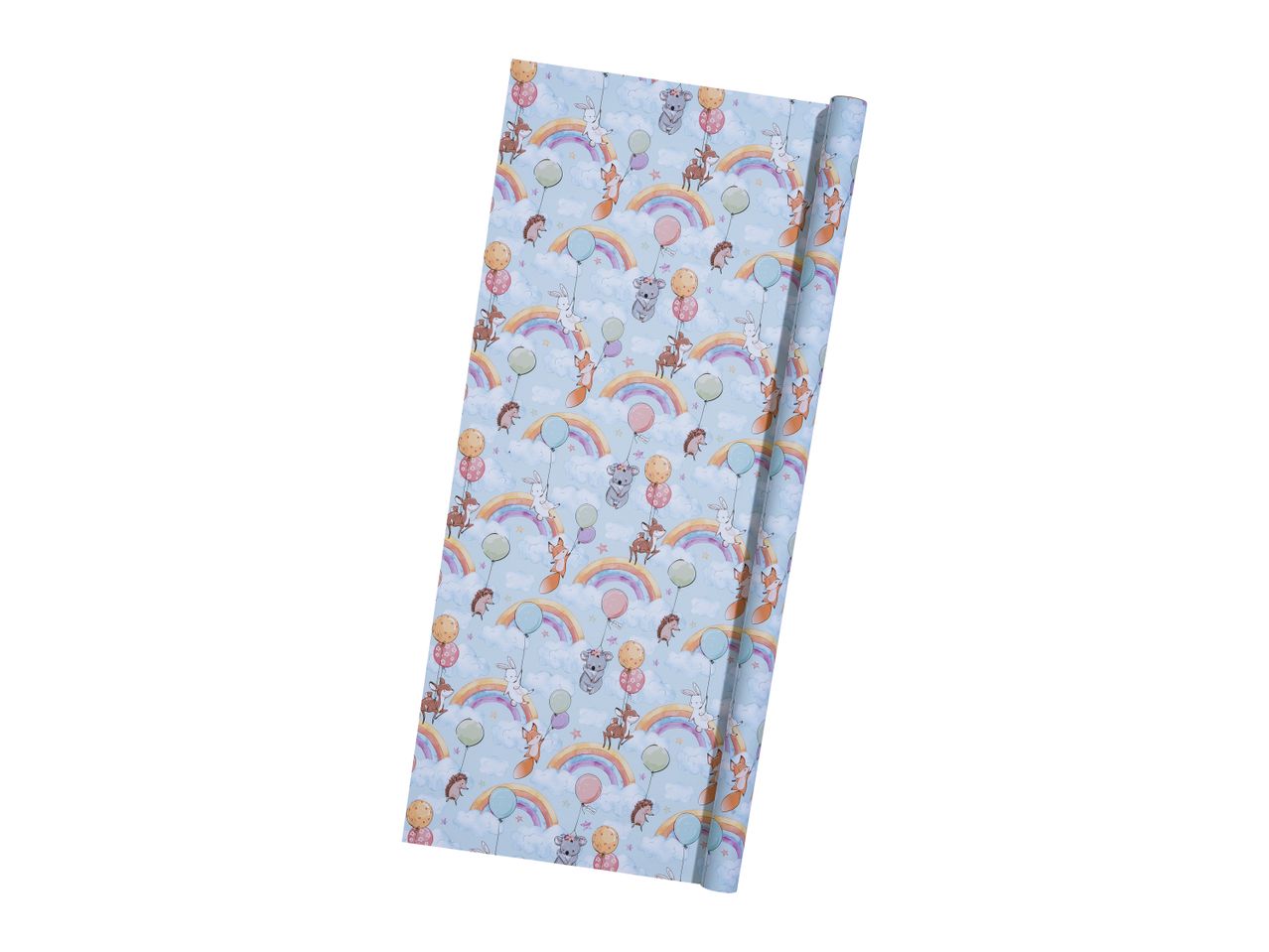Light blue wrapping paper with a pattern of cute animals, rainbows, and balloons.