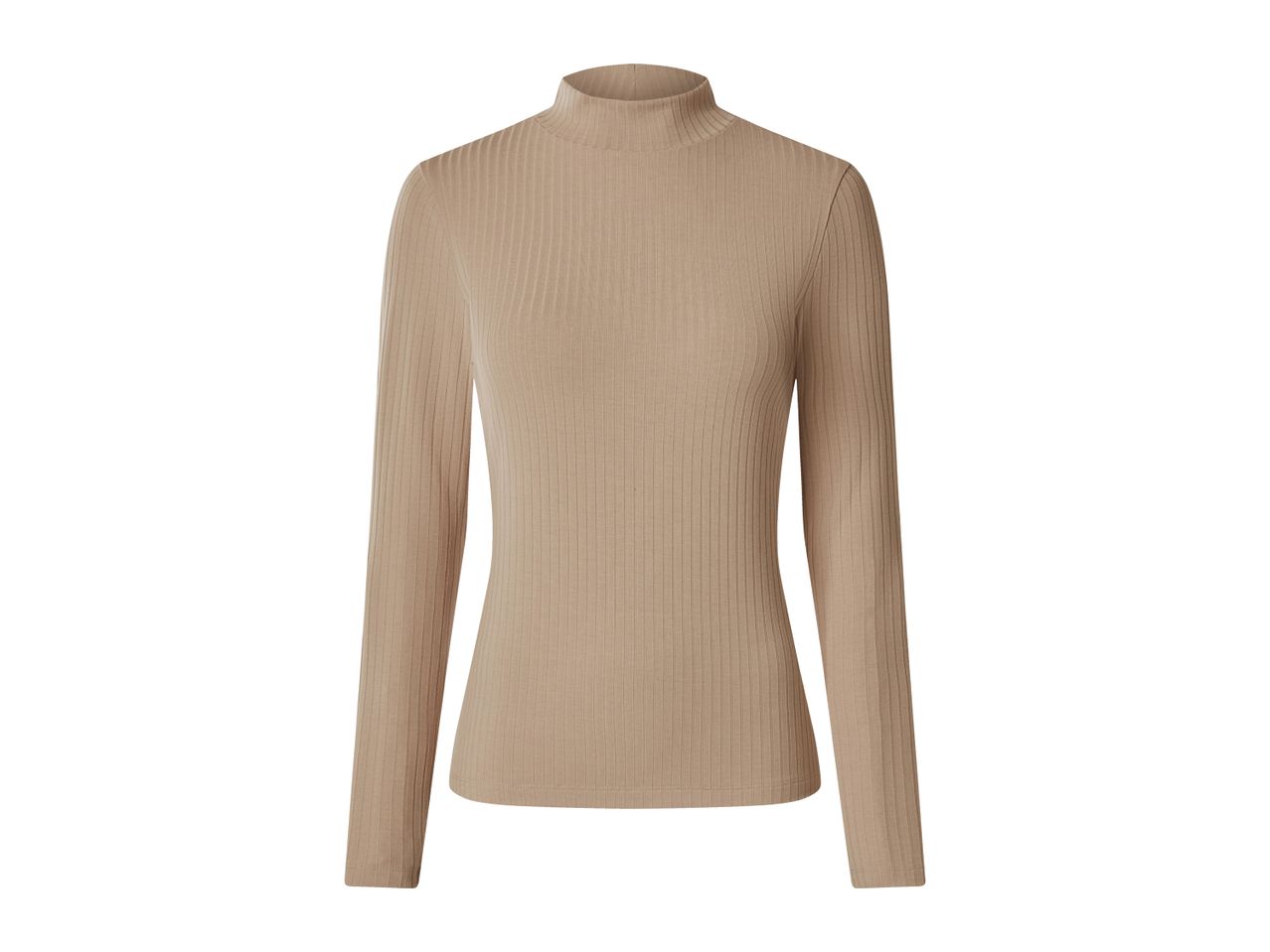 Ribbed long-sleeved turtleneck top in a light brown or beige color.