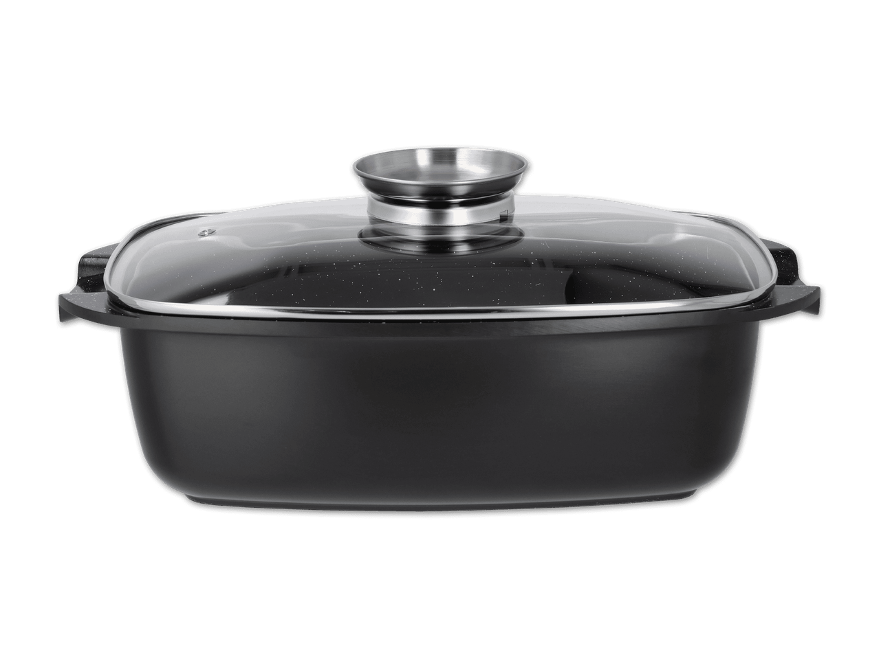 Schwarzer Bräter mit Glasdeckel und silbernem Griff