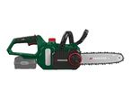A green and black cordless chainsaw with a battery pack attached.