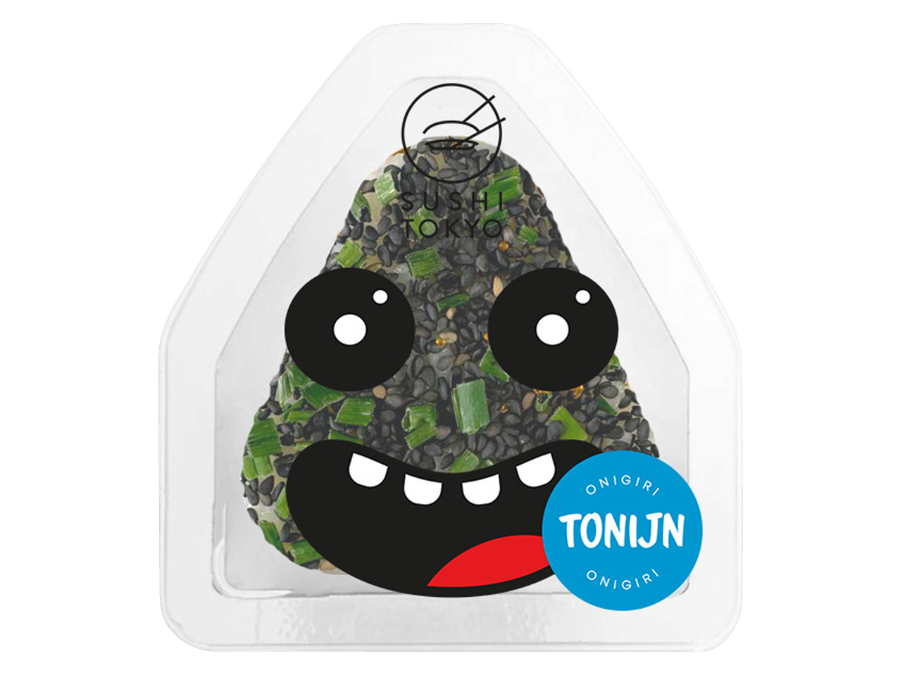 Onigiri met sesam en bieslook in een driehoekige verpakking, met de tekst 'TONIJN'.