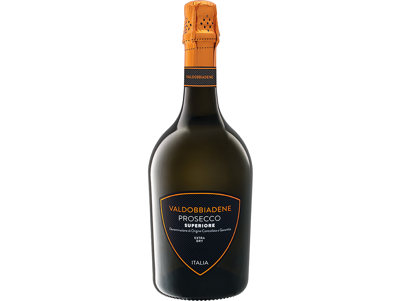 Valdobbiadene Prosecco Superiore Extra Dry pezsgő fekete háttér előtt.