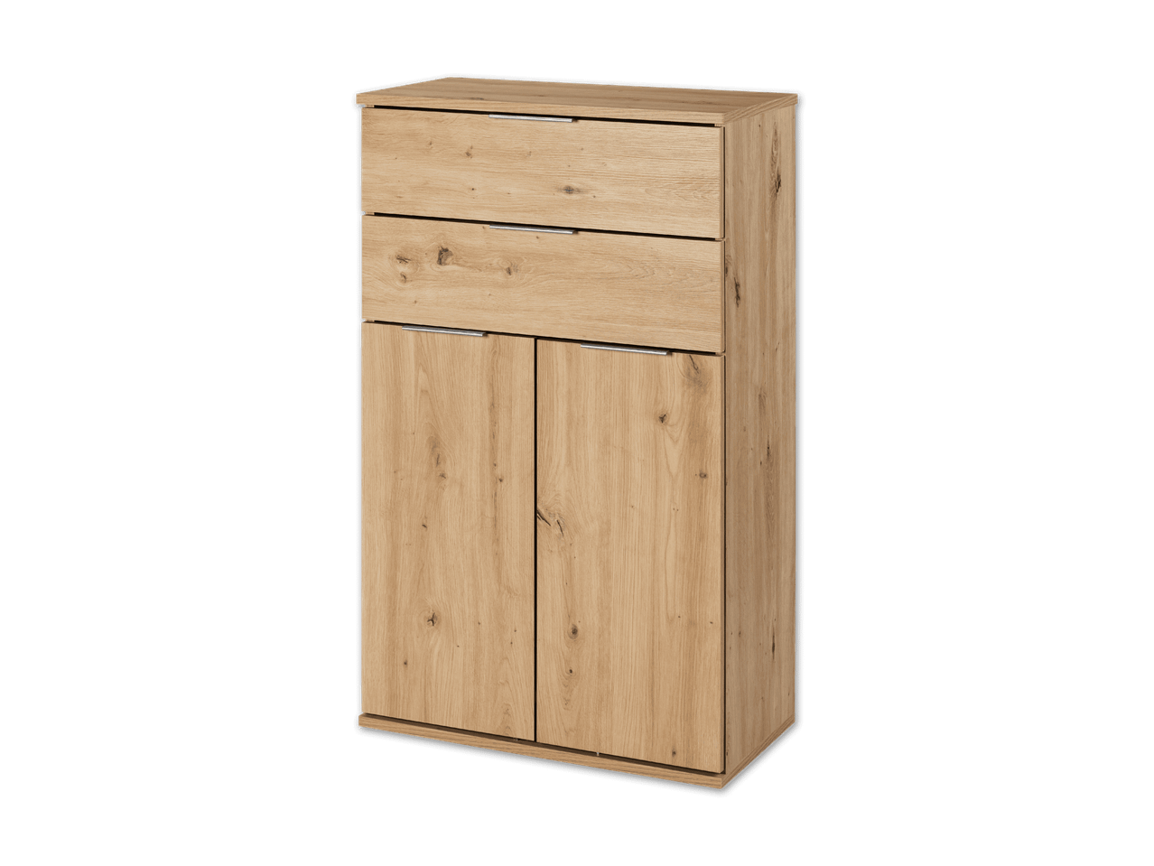 Ein schlanker, hellbrauner Holzschrank mit zwei Schubladen und zwei Türen.