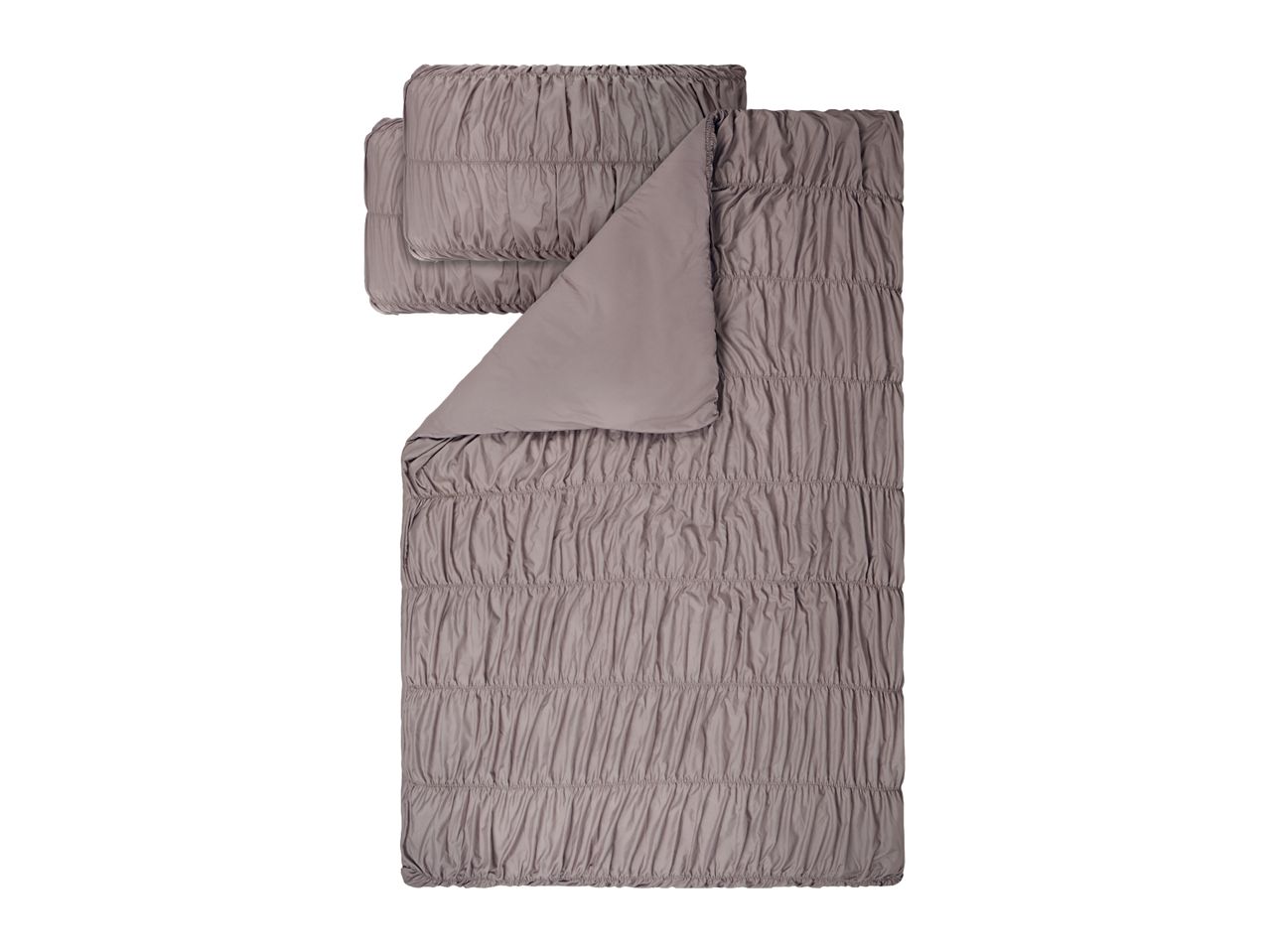 Ruched mauve bedding set with a duvet cover and two matching pillowcases