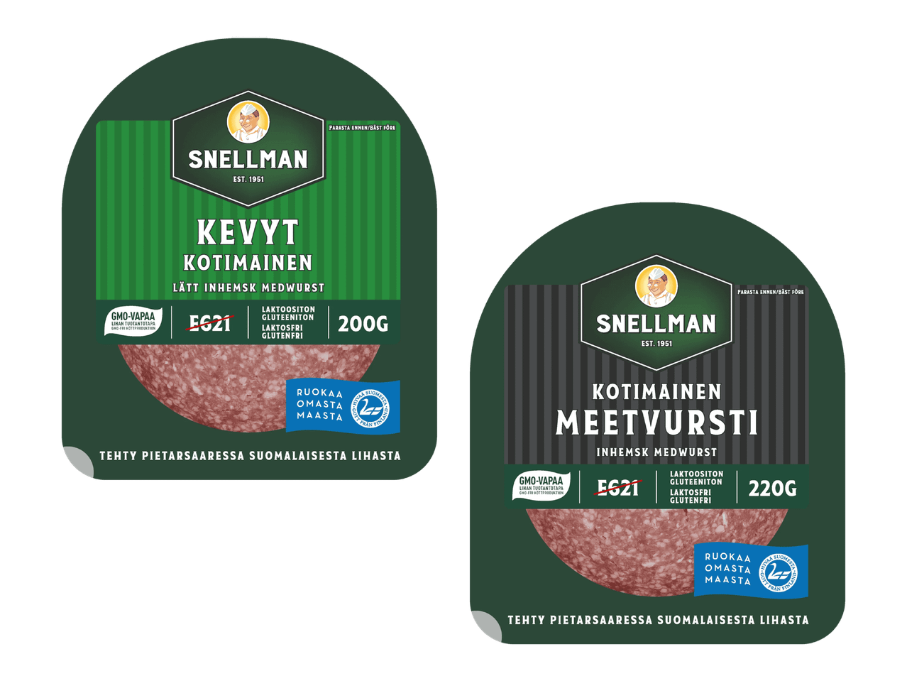 Snellmanin Kevyt ja Kotimaisen Meetvursti pakkaukset.
