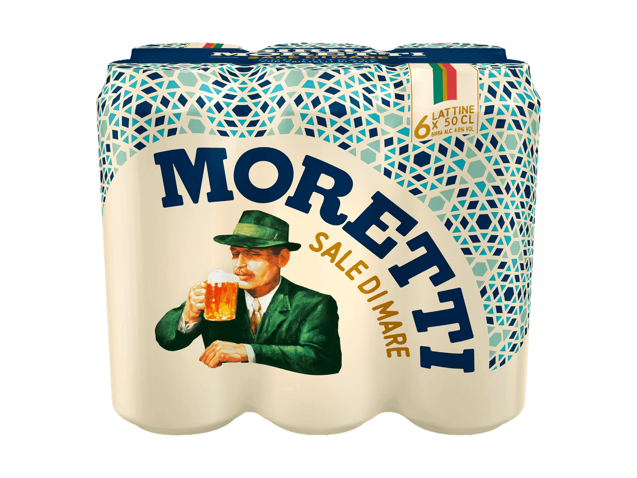 6er-Pack Moretti Sale di Mare Bierdosen mit dem Moretti-Mann.