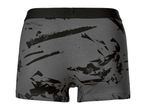 Gray men's boxer briefs with a black abstract pattern and a black waistband.