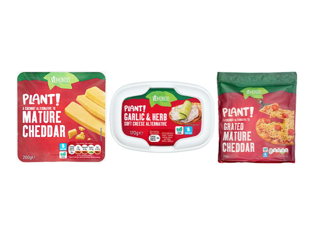 Three plant-based dairy alternatives: mature cheddar block, garlic & herb soft cheese, and grated mature cheddar.