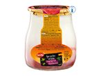 Strawberry yogurt in a glass jar with a gold foil lid, showing ingredients and net weight.