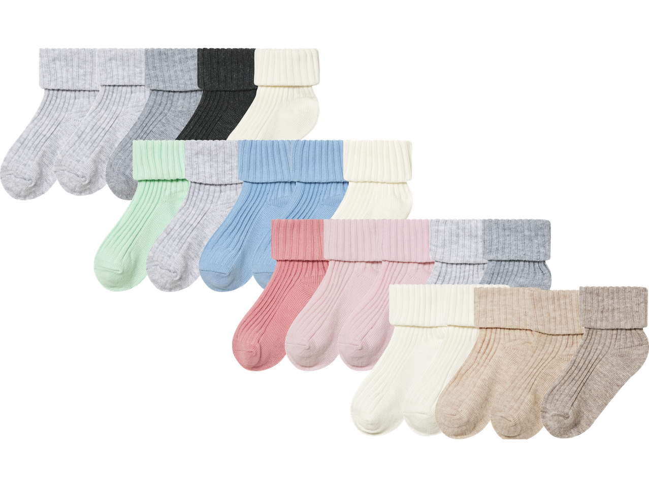 En samling av enfärgade ribbade strumpor i olika färger, inklusive grått, svart, vitt, mintgrönt, ljusblått, rosa och beige.