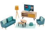 Lupilu wooden doll's house living room furniture set with sofa, armchair, TV, and lamp.