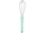 A mint green silicone handled whisk with stainless steel wires.
