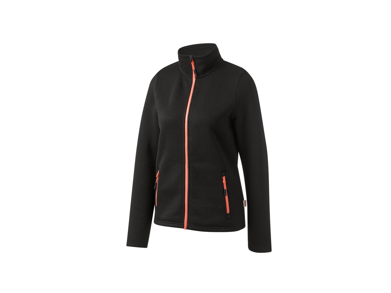 Black fleece jacket with orange zipper.