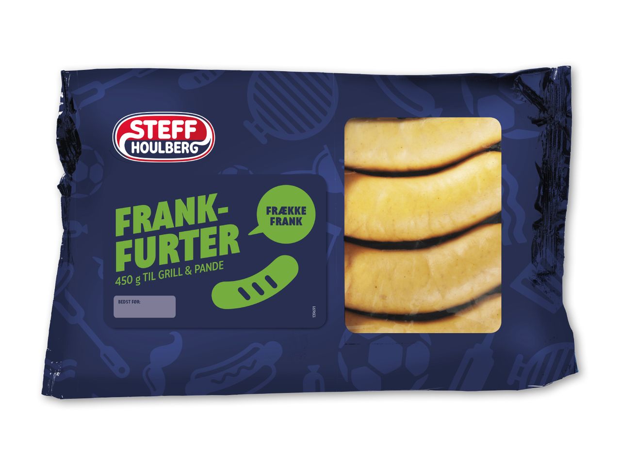 Pakke med frankfurtere til grill og pande, 450g, med teksten 'Frække Frank'.