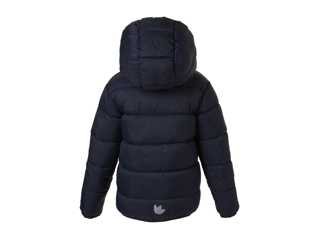 Dark blue children's puffer jacket with a hood, seen from the back.