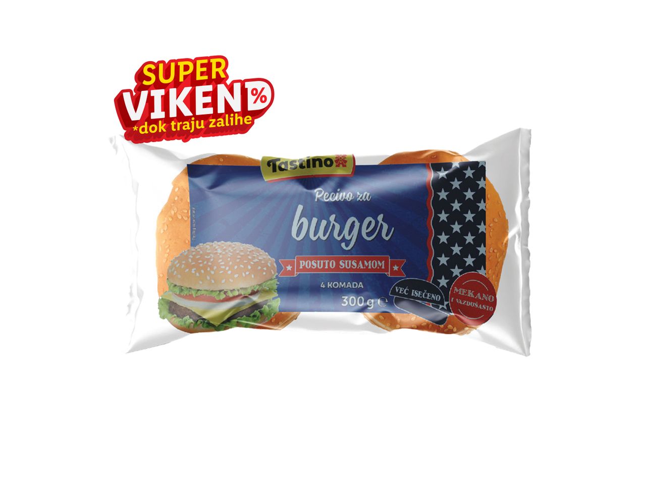 Pakovanje burger peciva sa natpisom 'Super Vikend'.