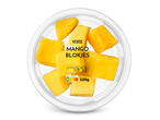 Verse mangoblokjes in een plastic bakje met voedingsinformatie en Nutri-Score.
