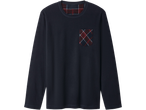 Dark blue long-sleeved shirt with a red and blue plaid pocket and collar lining.