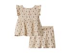 Beige floral print top with ruffled sleeves and matching shorts for babies.