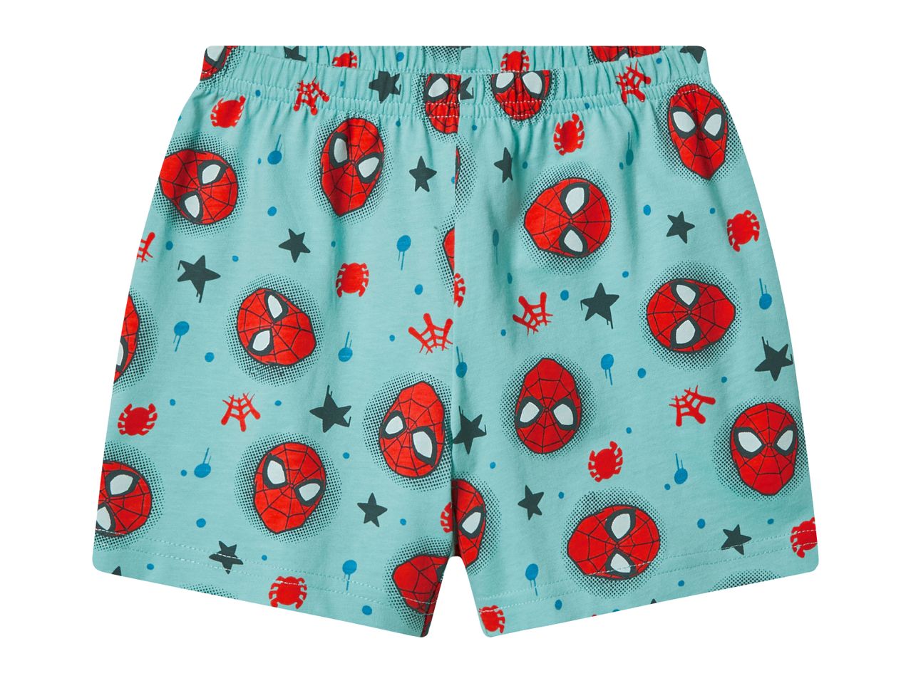 Kids' light blue shorts with a Spider-Man mask and spider web pattern.