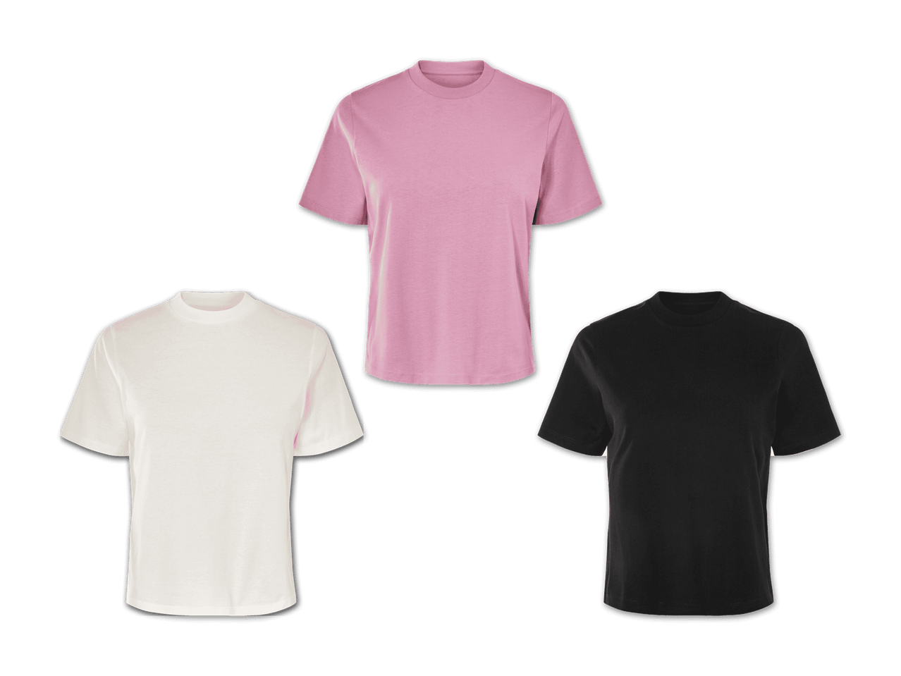 Drei einfache T-Shirts in Weiß, Rosa und Schwarz.