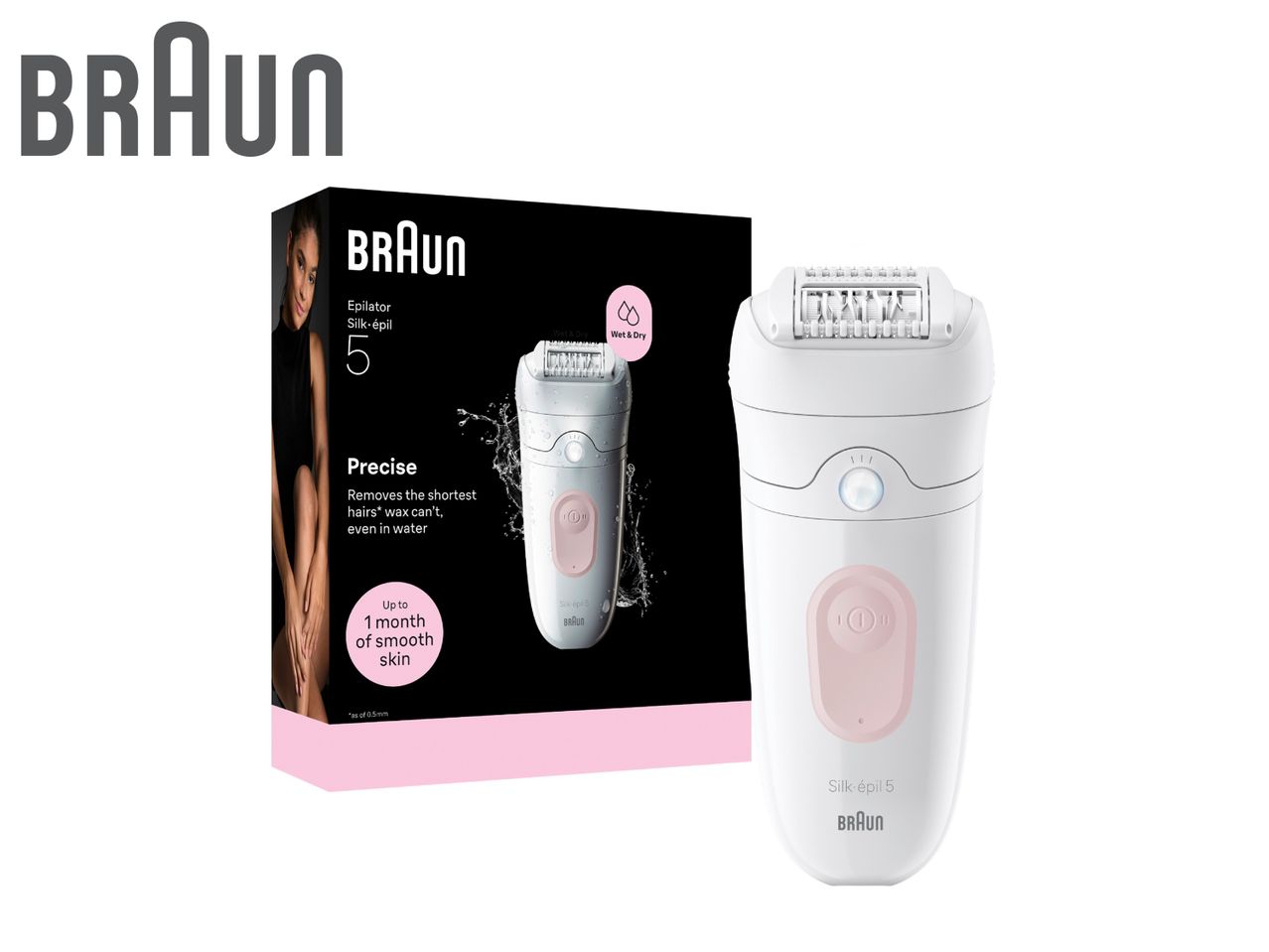 Epilator with packaging, highlighting wet & dry use and smooth skin benefits.