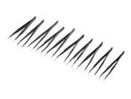 A set of black precision tweezers with various tip styles, arranged diagonally.
