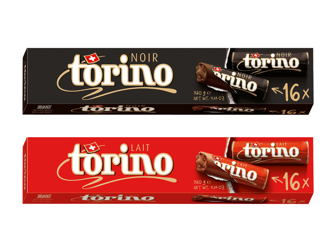 Deux paquets de chocolats Torino, un noir et un au lait.