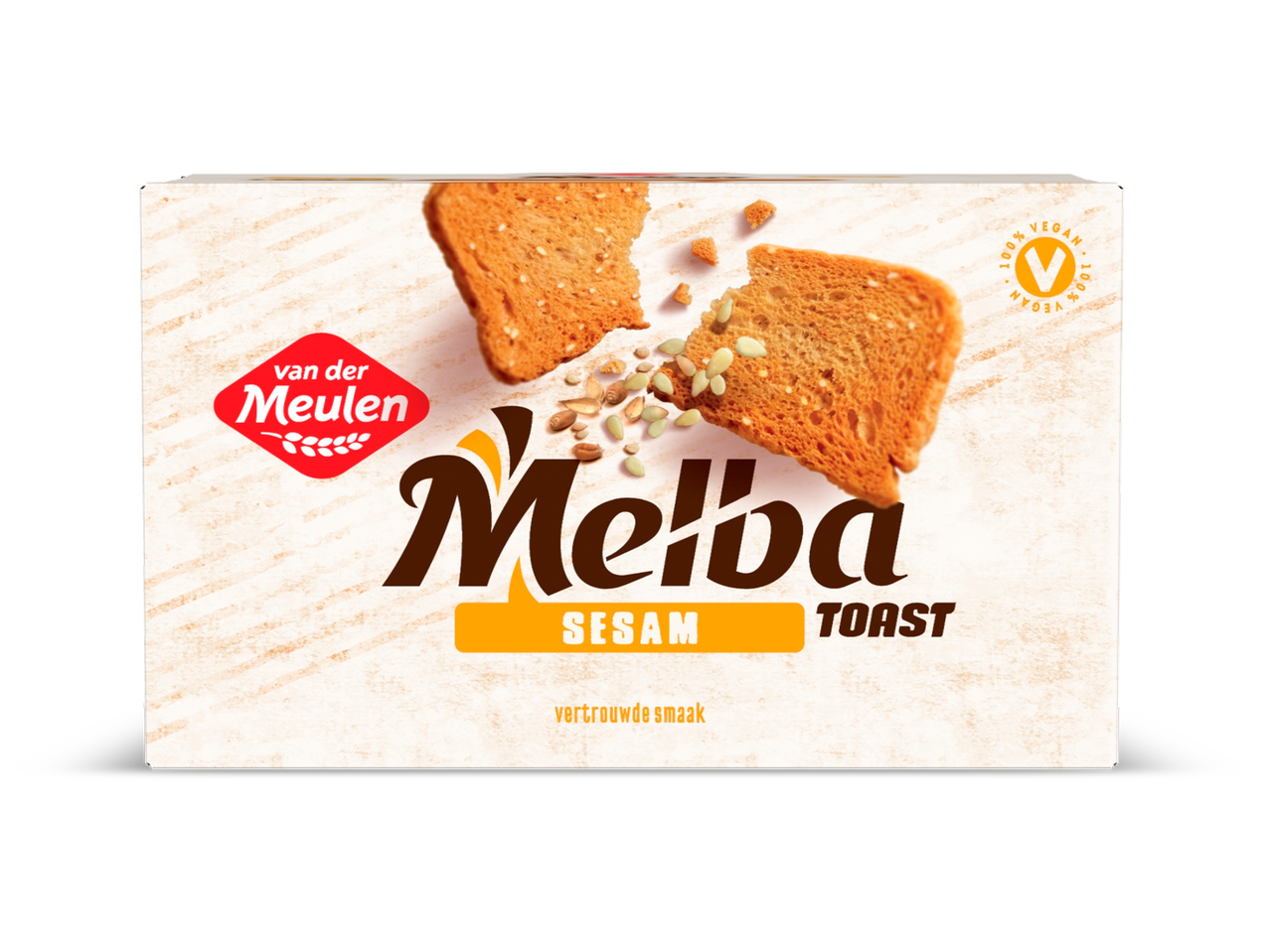 Verpakking voor sesam toastjes met gebroken toastjes en zaden, 100% vegan.