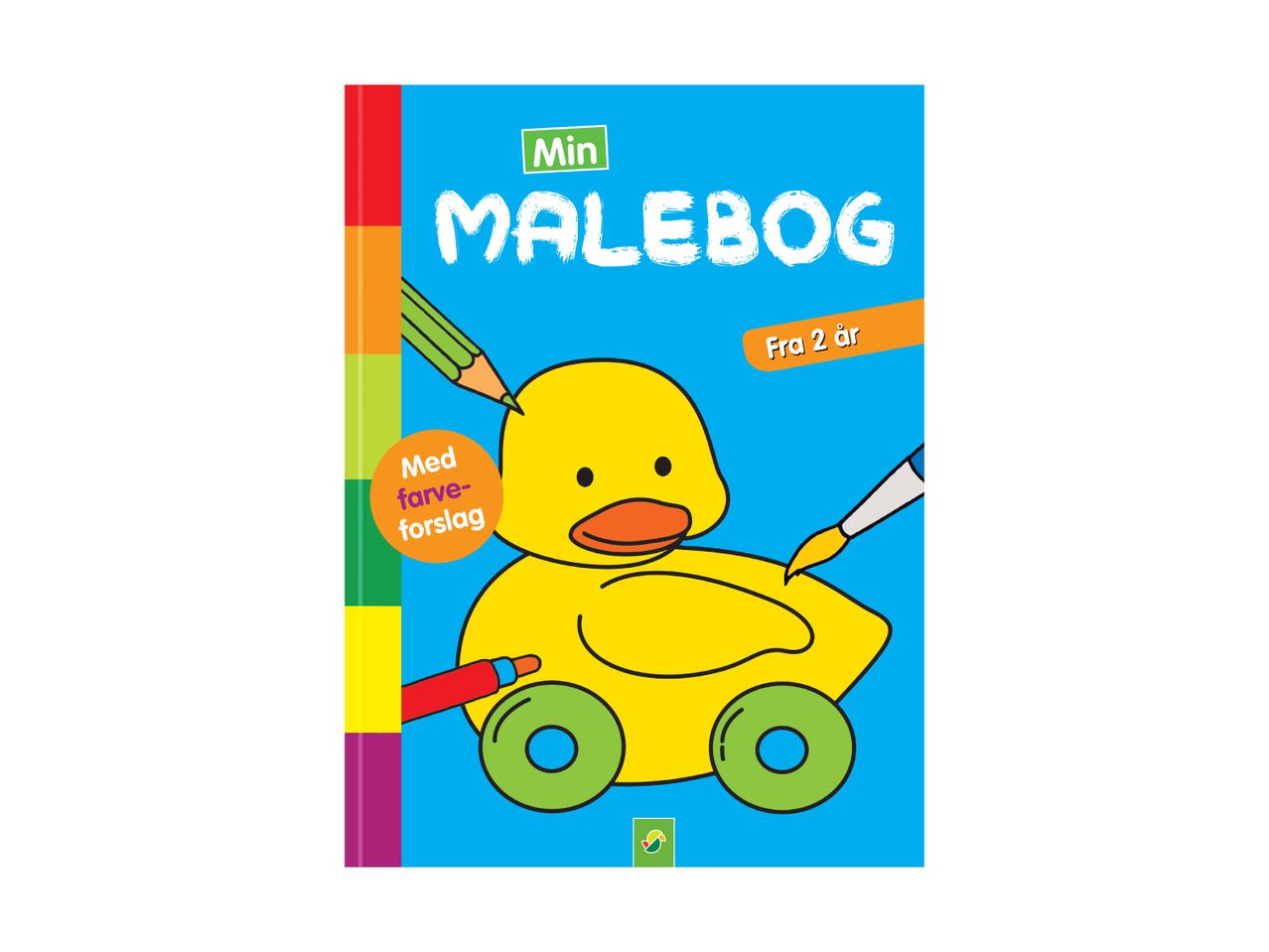 Malebog med en gul and på hjul, farveblyanter og pensel, med teksten 'Min Malebog Fra 2 år'.