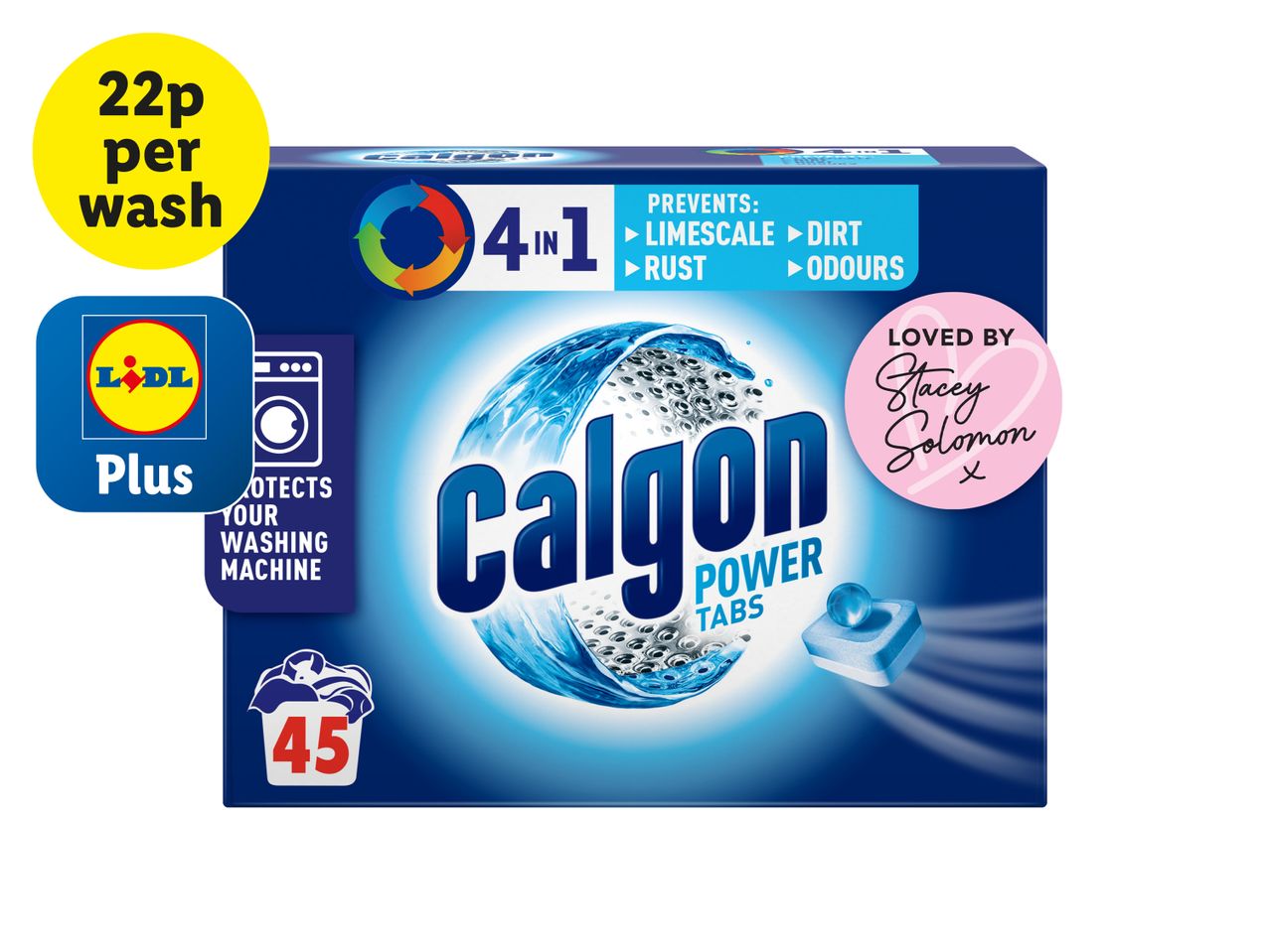 Calgon Power Tabs 4-in-1 laundry cleaning tablets, 45 count, 22p per wash, Lidl Plus.