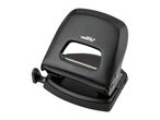 Black two-hole puncher with a silver paper guide, angled view.