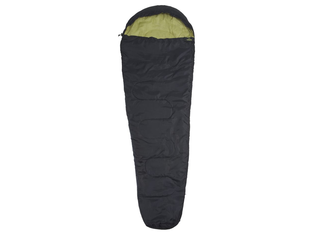 A dark-colored sleeping bag with a light-colored lining.