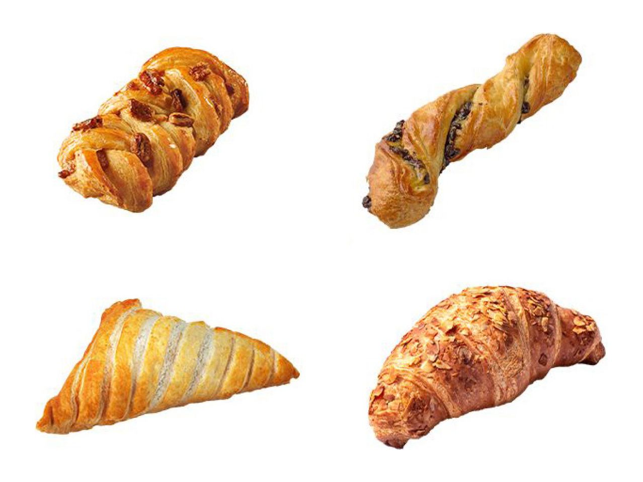 Four pastries: a pecan plait, a chocolate twist, an apple turnover, and an almond croissant.