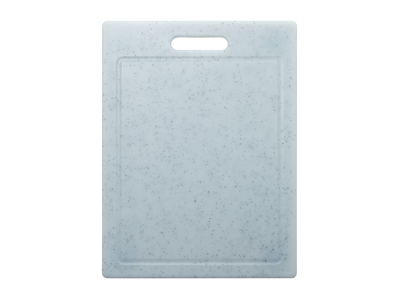 Light blue speckled plastic cutting board with a handle cutout