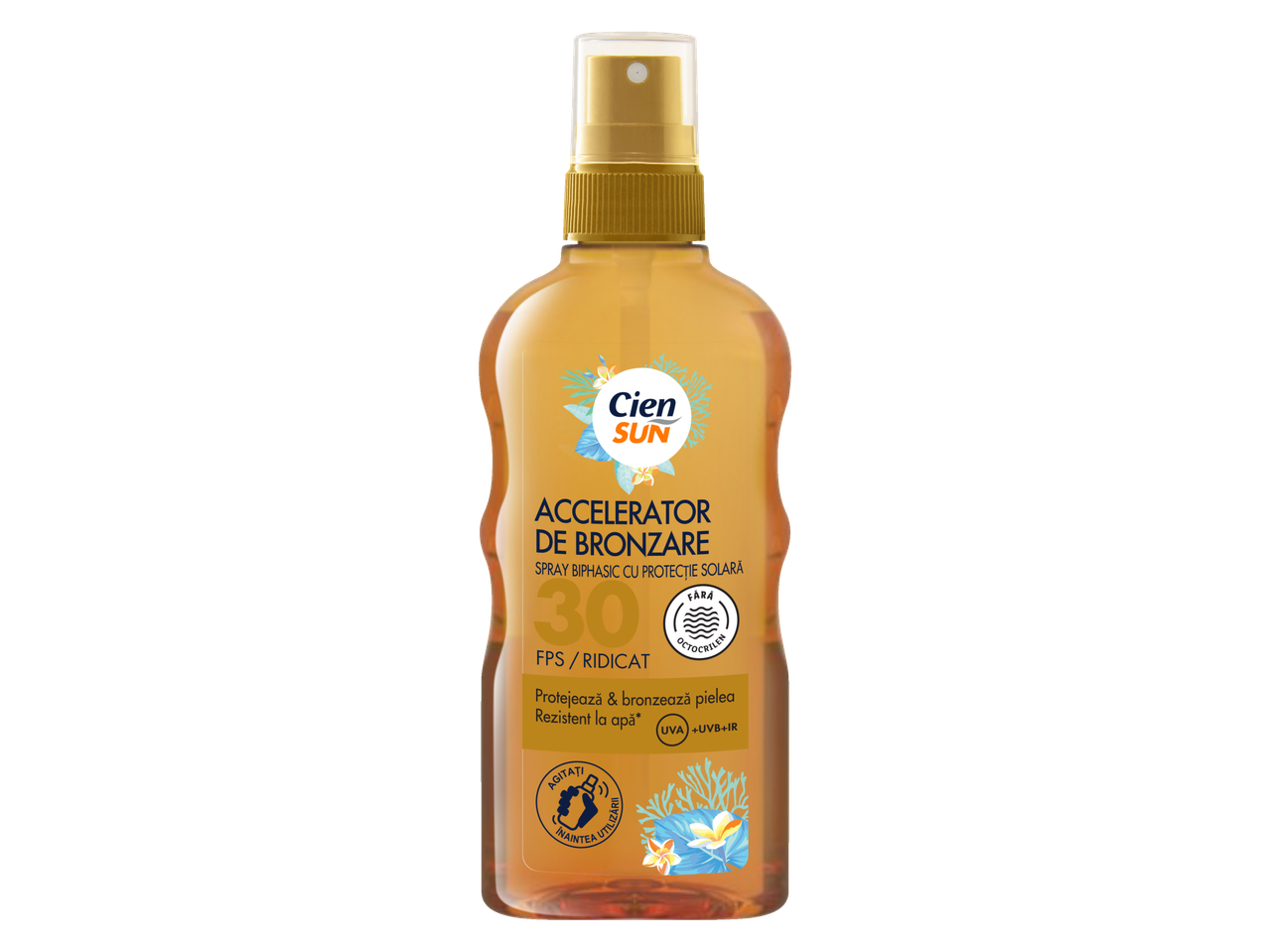 Spray de plajă cu SPF 30, accelerator de bronzare, rezistent la apă, protecție UVA+UVB+IR.