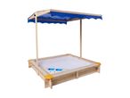 Wooden sandbox with a blue canopy and yellow corner accents, featuring two blue plastic containers.