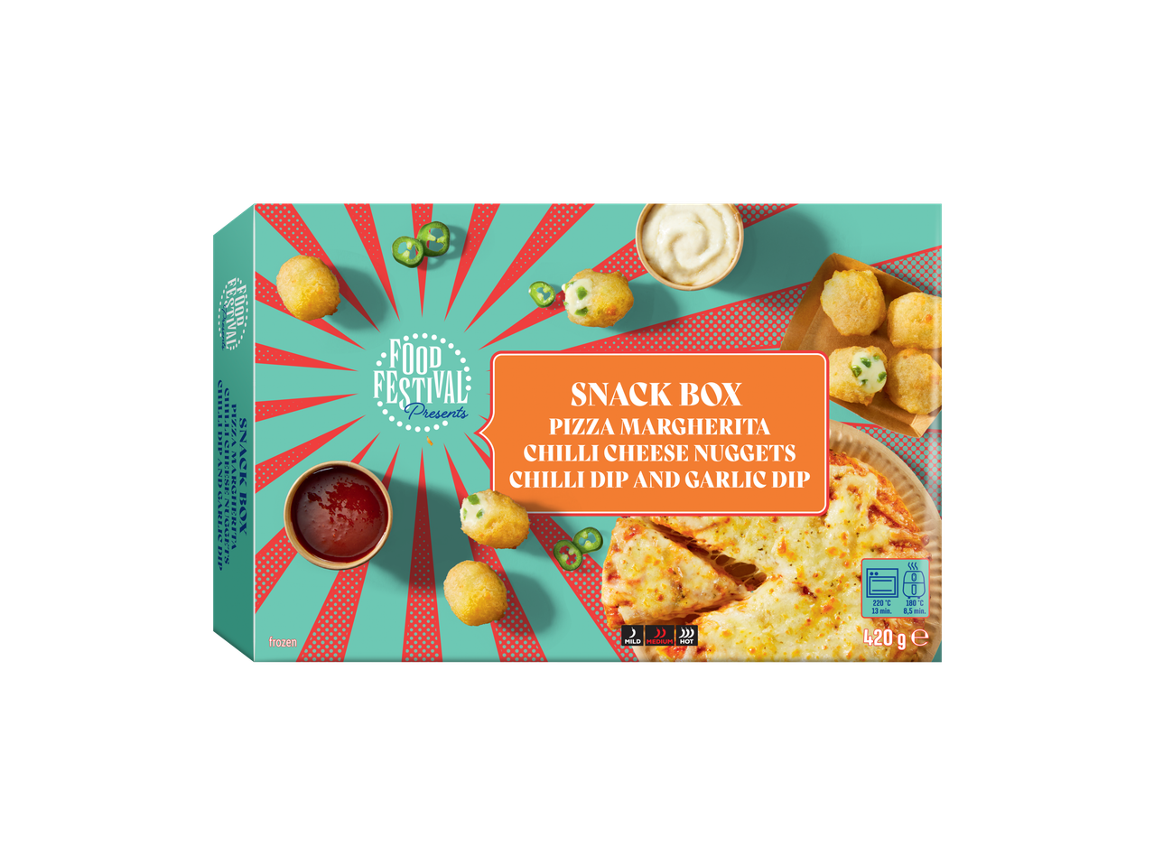 Snackbox met Pizza Margherita, chili-kaasnuggets, chilisaus en knoflooksaus, 420g.